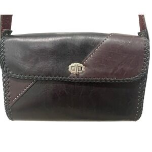 Vintage Whipstitch Leather Unbranded Crossbody Bag Small Black Burgundy Boho